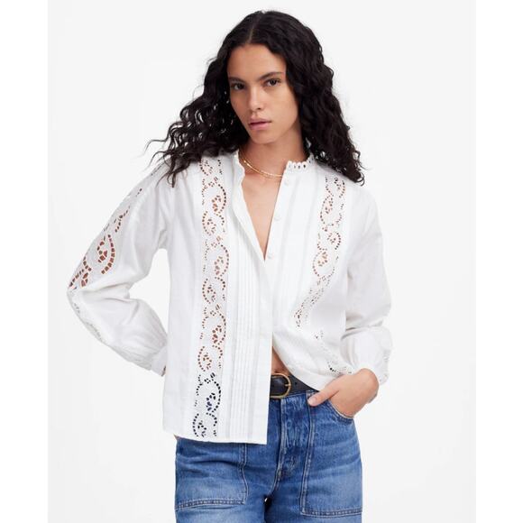 Madewell Lace-Inset Pintucked Button-Up Top M White Long Sleeve Crew Neck Eyelet - Picture 1 of 9